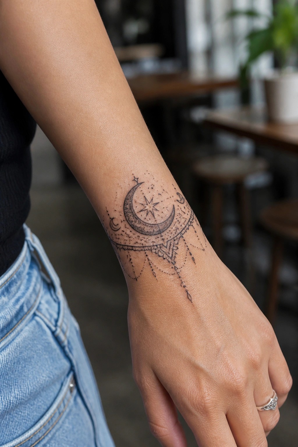 Wrist with crescent moon, star, and dangling tattoo, black shirt, blue jeans