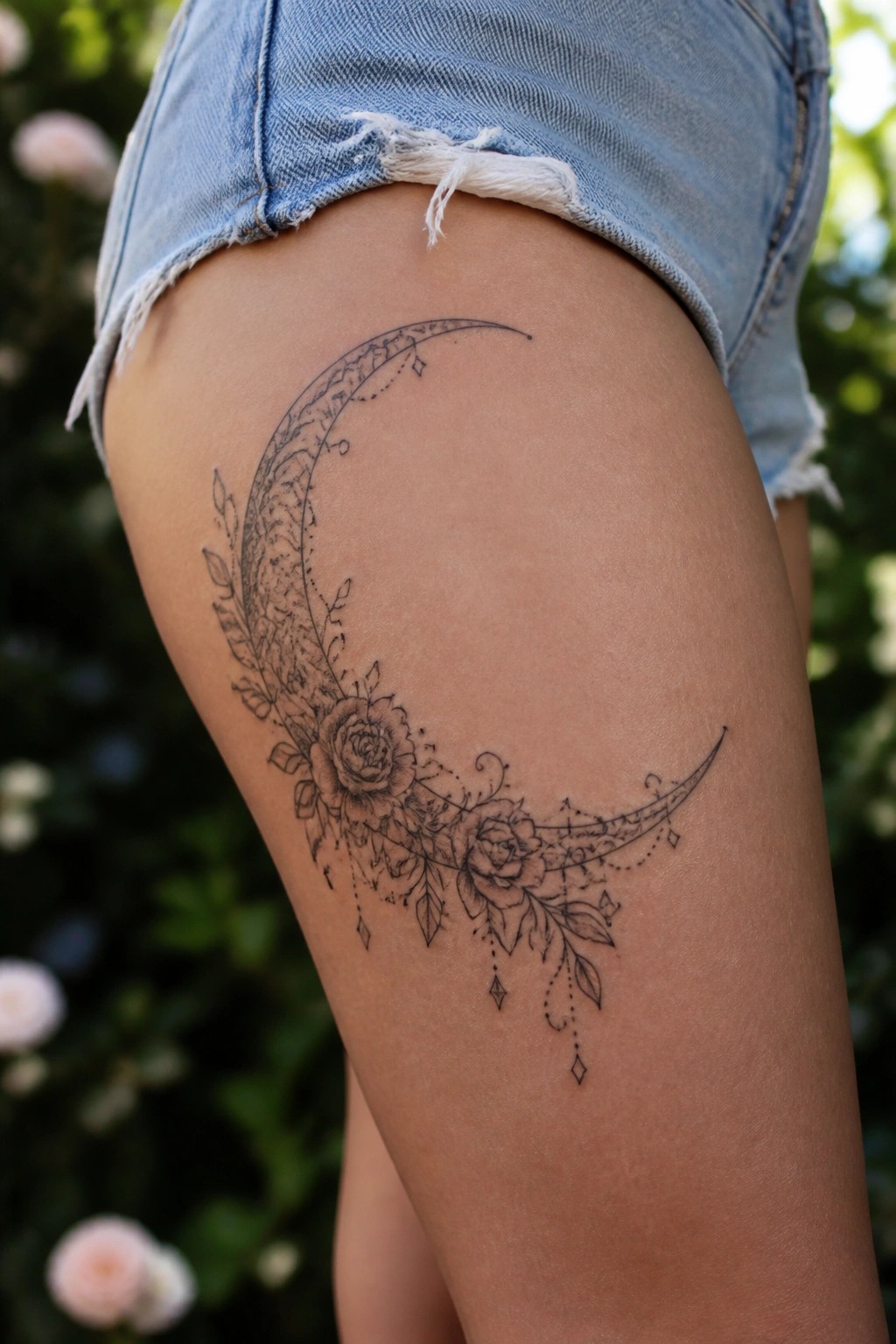 Black ornamental crescent moon tattoo with roses and leaves on a woman's upper thigh under denim shorts.
