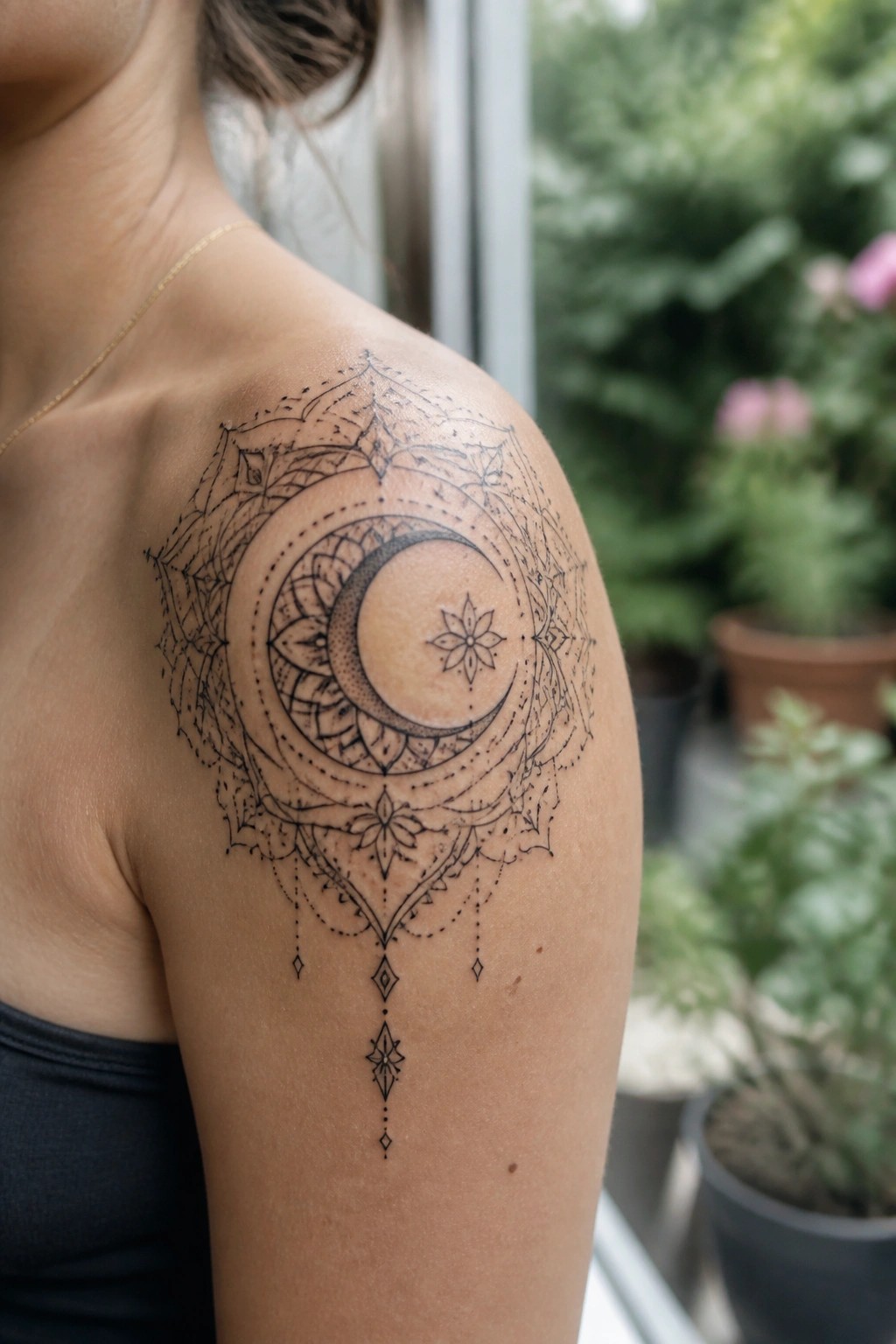 Woman's shoulder with black ink crescent moon mandala tattoo, gold necklace, black top