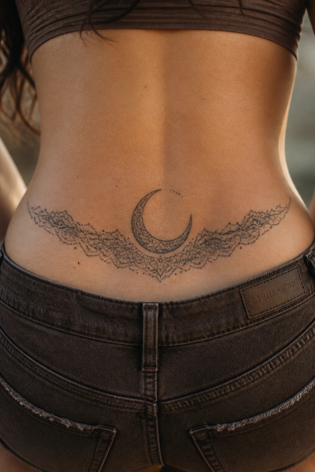 Crescent moon tattoo with lace patterns on lower back above dark jeans