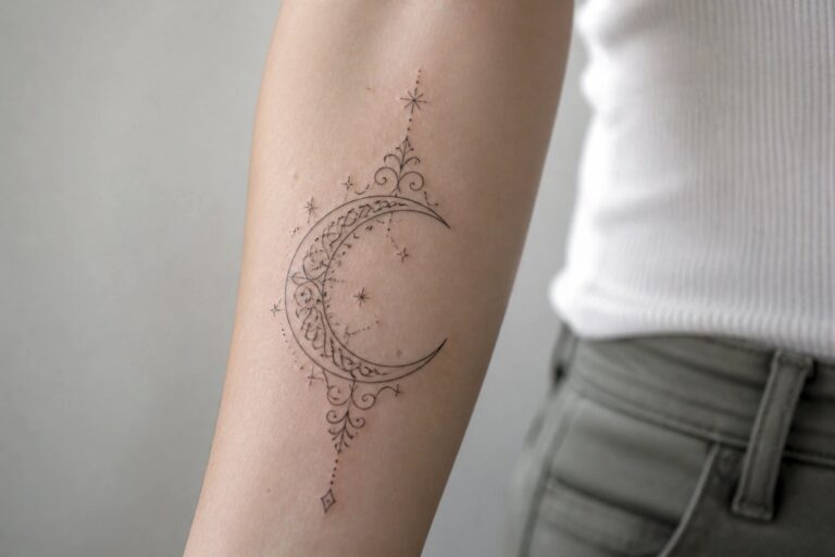 22 Ornamental Moon Tattoo Ideas for Women Featuring Decorative Details Ornamental crescent moon tattoo on inner forearm with floral patterns inside the moon, stars, and dotted lines extending vertically