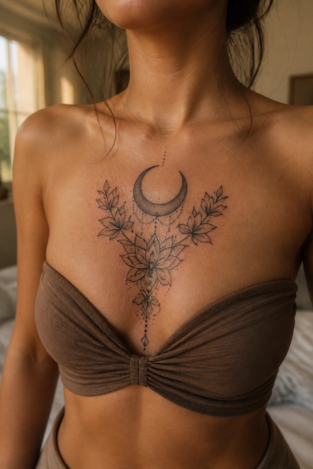 Woman's chest with crescent moon, lotus, and leaf tattoo above brown top