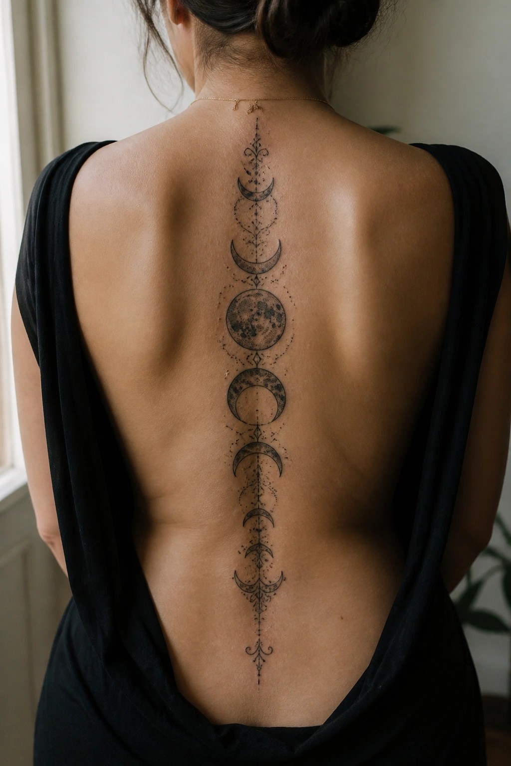 Vertical ornamental moon phases tattoo in black ink running down a woman's spine with decorative flourishes.