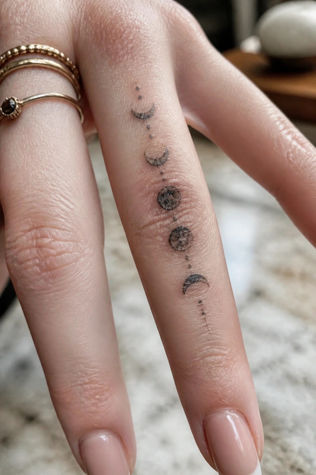 Hand with moon phases tattoo on finger and gold rings with pink nails