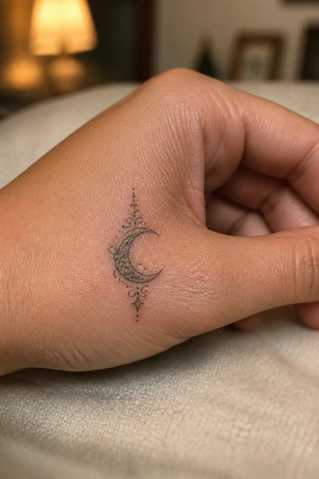 Intricate black crescent moon tattoo with ornate swirls on light-skinned hand over fabric