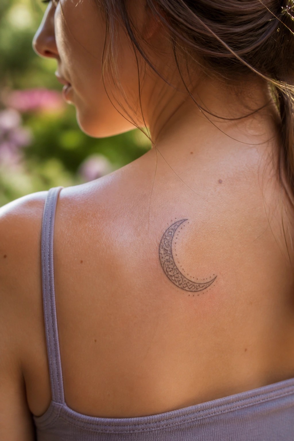 Woman's shoulder with ornate crescent moon tattoo and purple tank top strap.