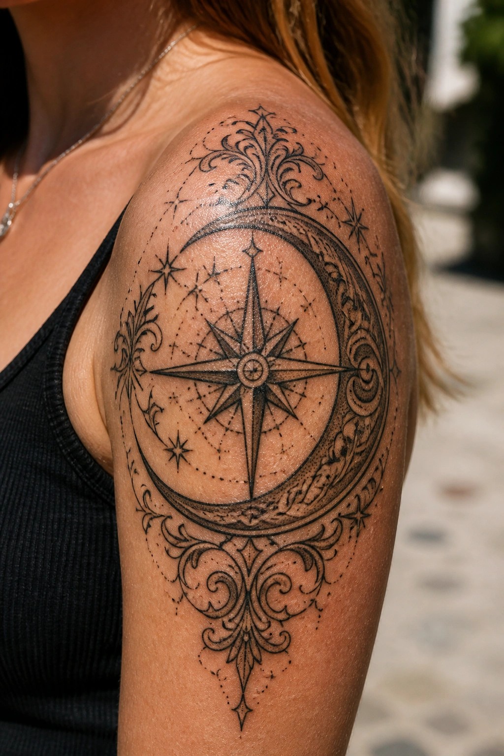 Ornamental black ink tattoo of a compass inside a crescent moon with decorative swirls on a woman's shoulder