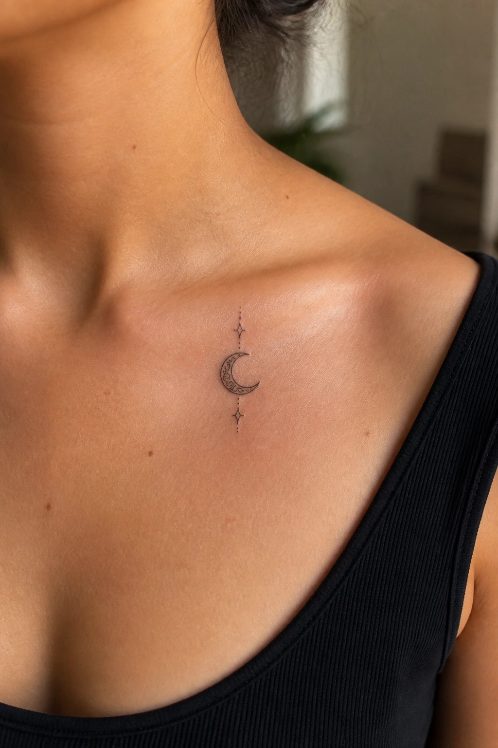Crescent moon tattoo with stars and dots on collarbone above black tank top