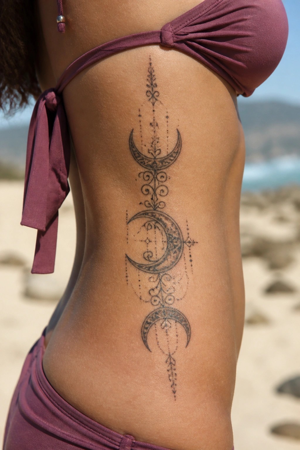 Vertical ornamental tattoo featuring three stacked crescent moons with decorative swirls and dots on the side torso.