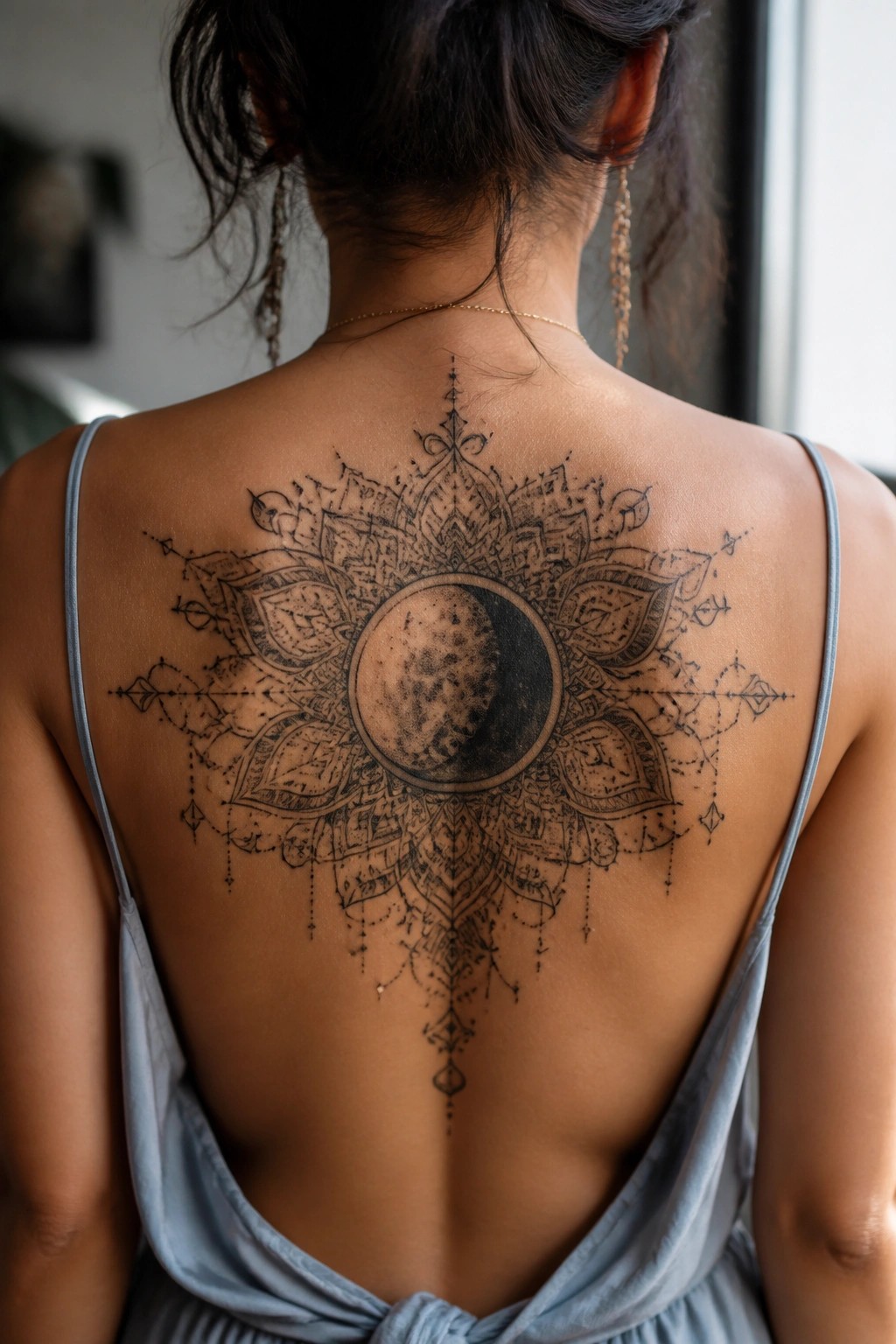 Ornamental moon tattoo on a woman's upper back with intricate mandala style patterns surrounding a central moon design.
