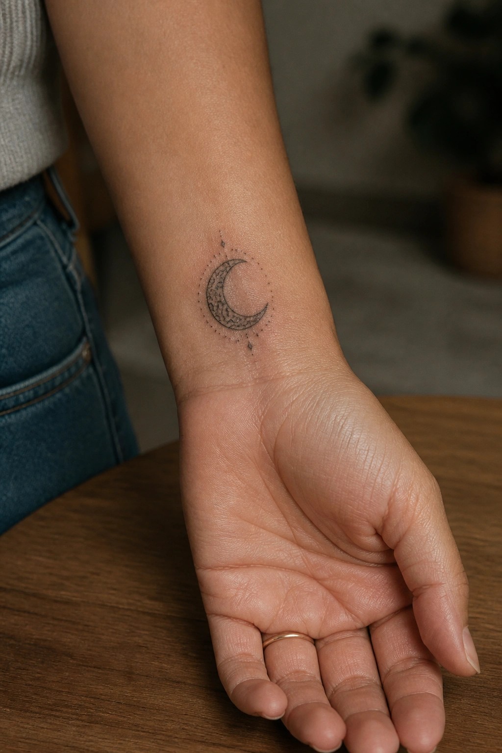 Crescent moon tattoo on wrist above open hand with gold ring on wooden table