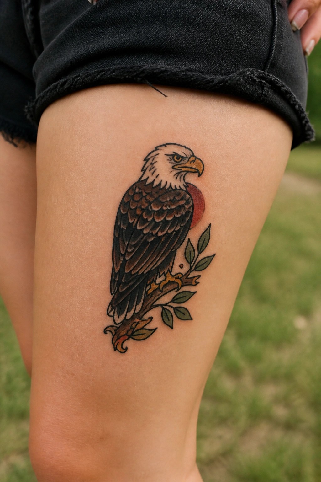 Medium sized bald eagle tattoo on the thigh showing the bird perched on a branch with leaves and a red circle behind it.