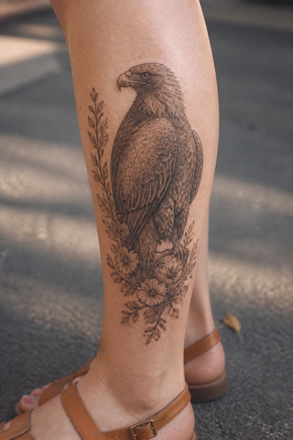Realistic black and grey tattoo of a perched eagle with surrounding flowers on the lower leg.