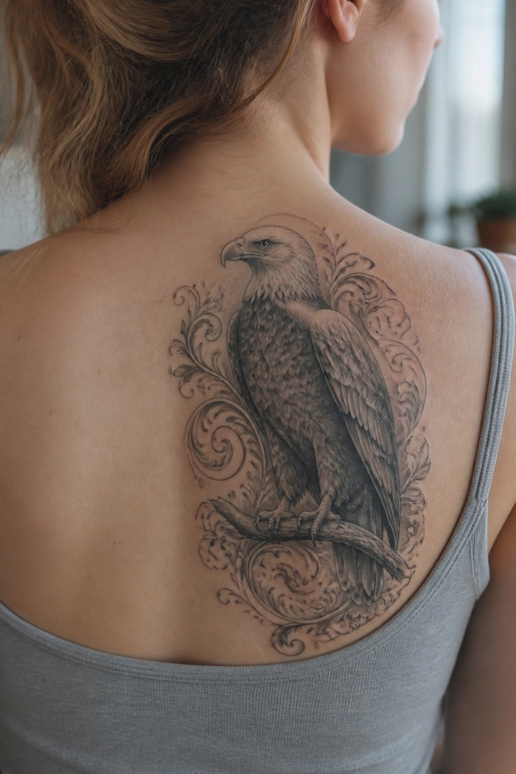 Large realistic eagle tattoo with ornate swirls on woman's upper back