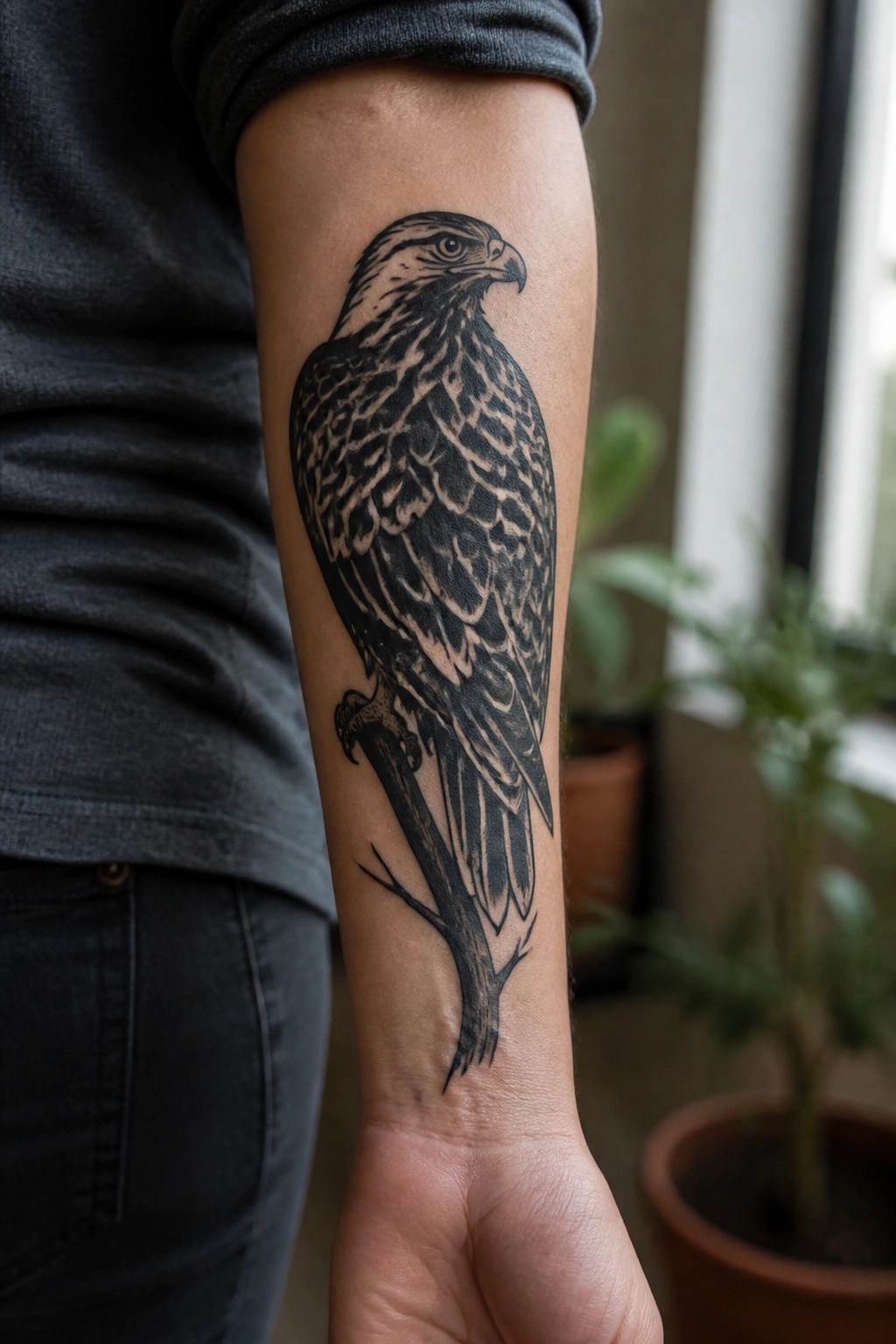 Black and grey tattoo of a perched eagle on a branch covering the inner forearm.