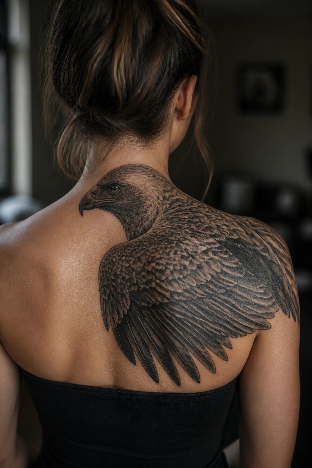 Woman's back with large detailed eagle tattoo and black strapless top