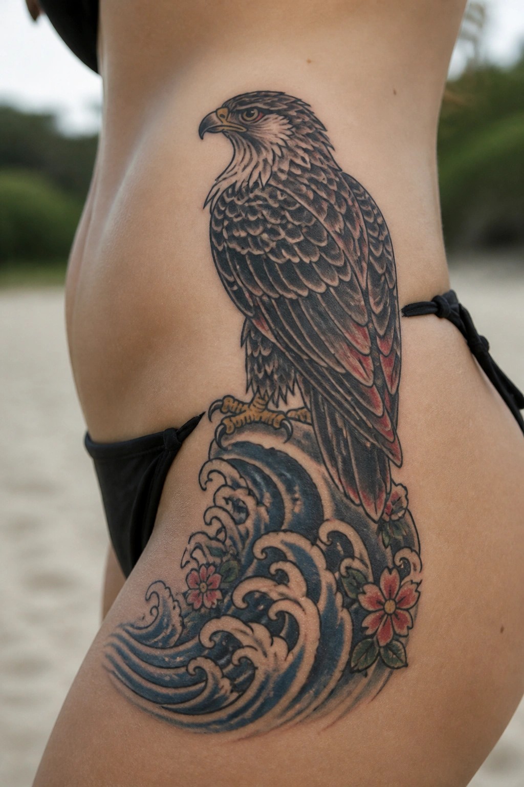 Large eagle tattoo on a woman's side, perched on waves with flowers at the base