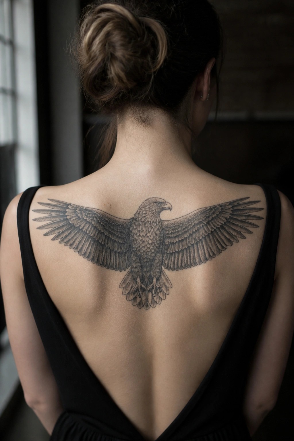 Woman in black dress with large eagle tattoo across upper back