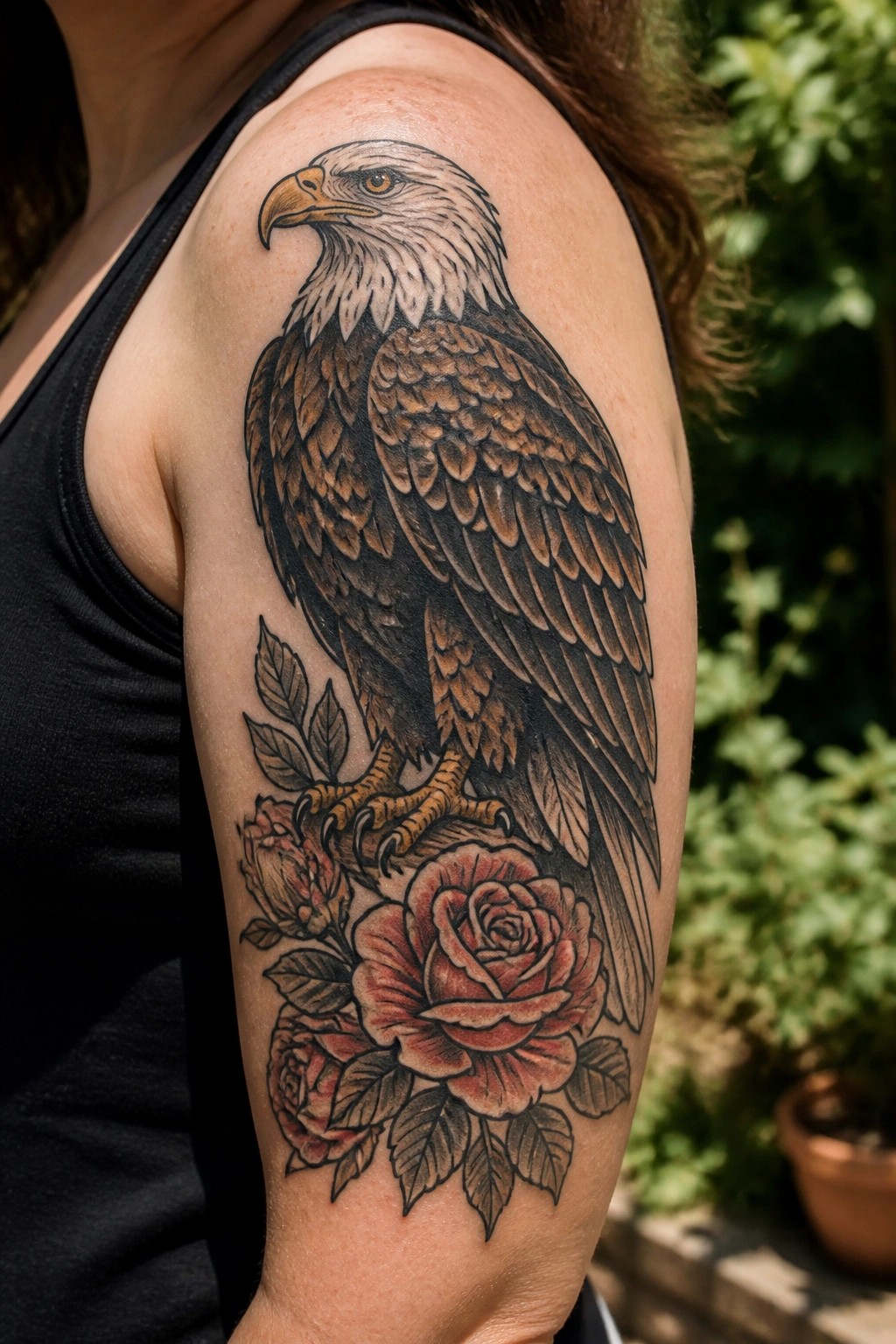 Realistic bald eagle and red rose tattoo on upper arm in black tank top.