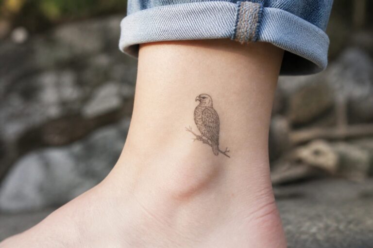 Small bird tattoo on ankle below rolled-up blue jeans cuff.