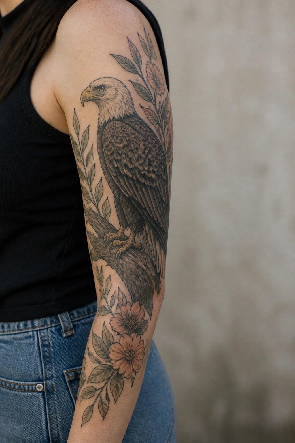 Woman's arm in black tank top with large eagle and flower tattoo.