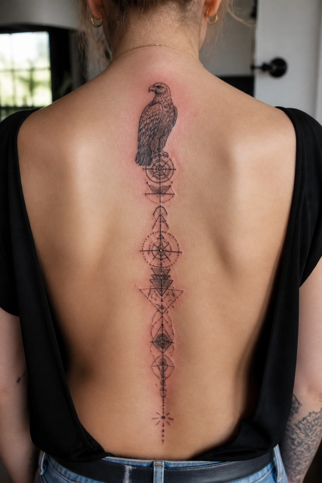 Black ink tattoo of a perched eagle with geometric mandala patterns running vertically down a woman's spine.