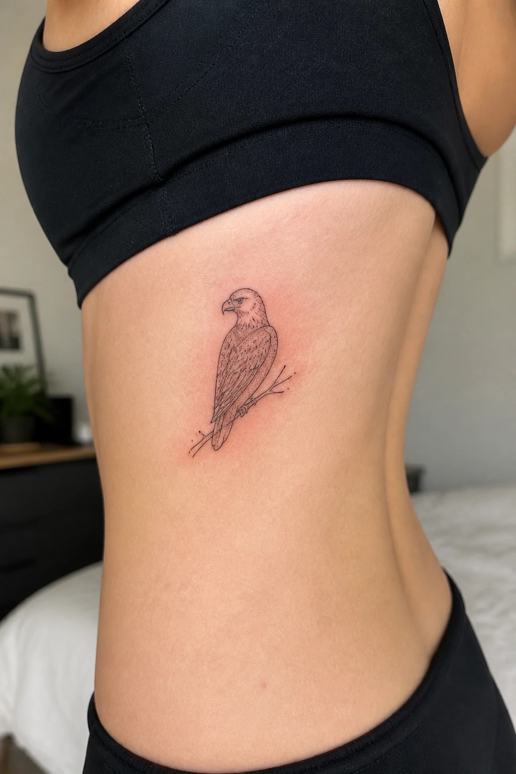 Black crop top with fresh bird tattoo on ribcage side.