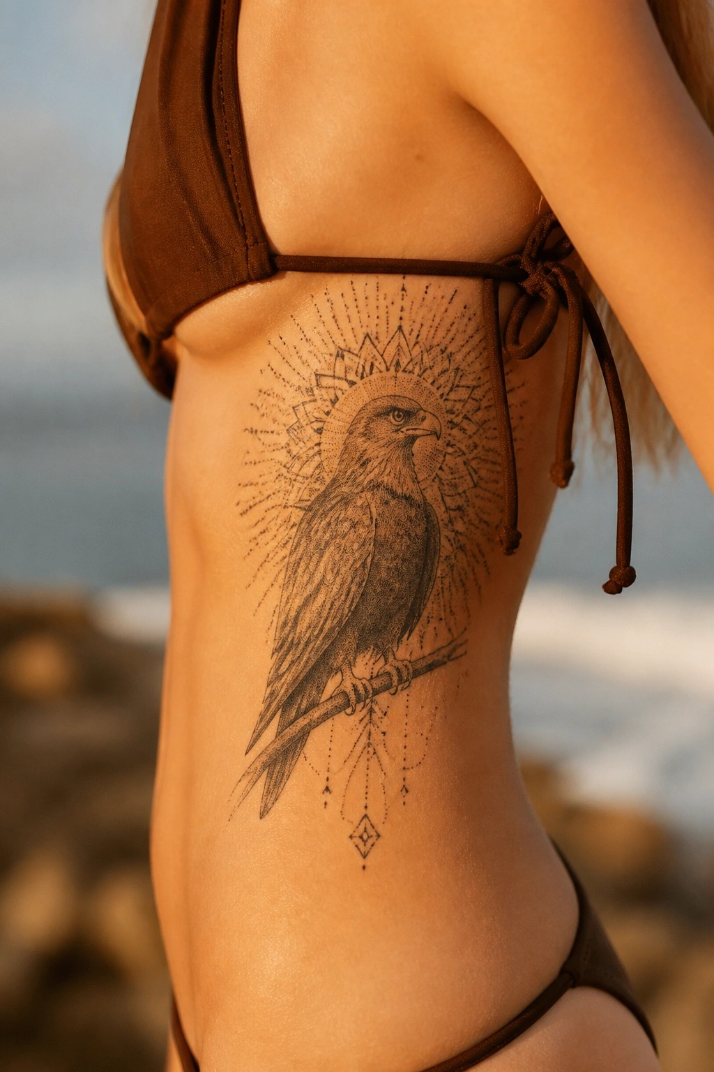 Black and gray tattoo of an eagle perched on a branch with a mandala sunburst behind it, placed on a woman's side under the ribs.