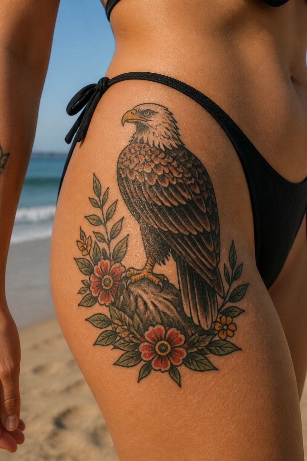 Eagle tattoo with red flowers on thigh in black bikini on beach