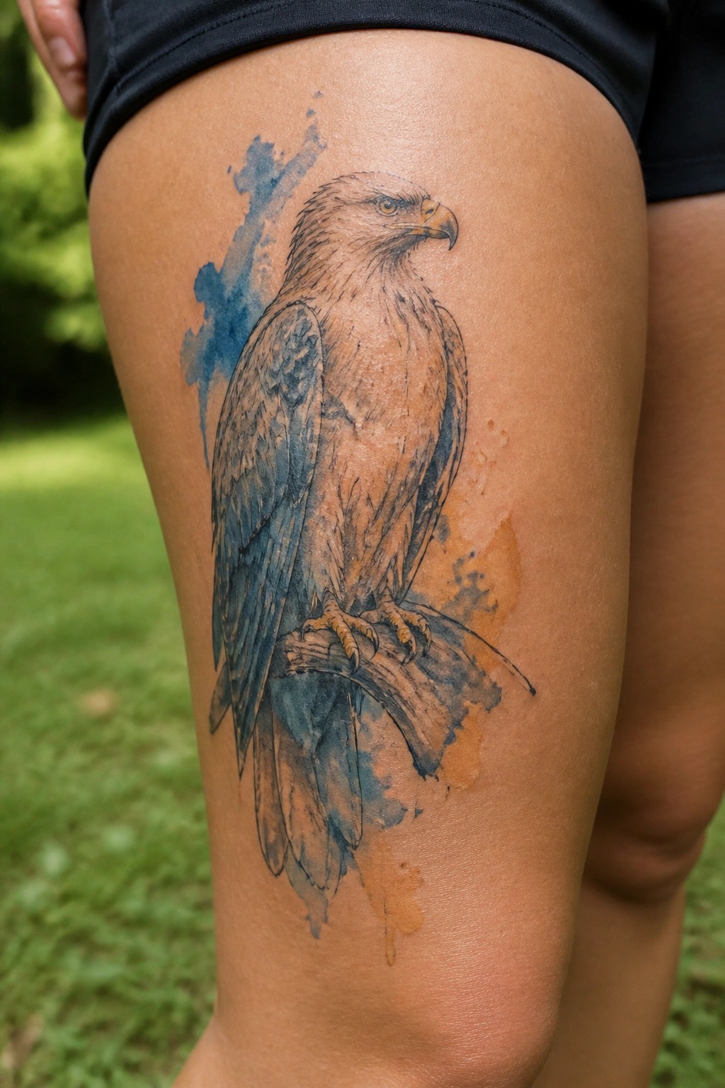 Watercolor eagle tattoo on thigh with blue and orange splashes, black shorts visible.