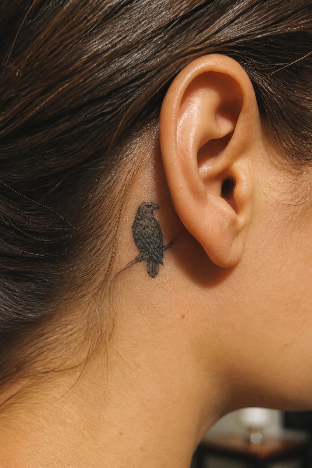Small black and grey eagle tattoo perched on a branch behind the ear.
