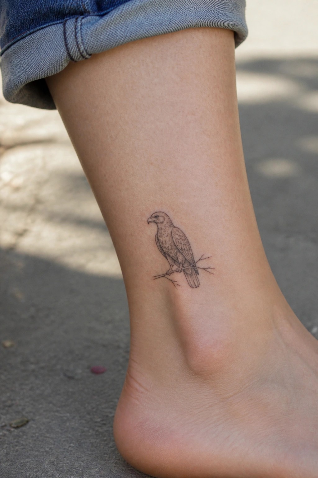 Small bird tattoo on ankle below rolled-up blue jeans cuff.