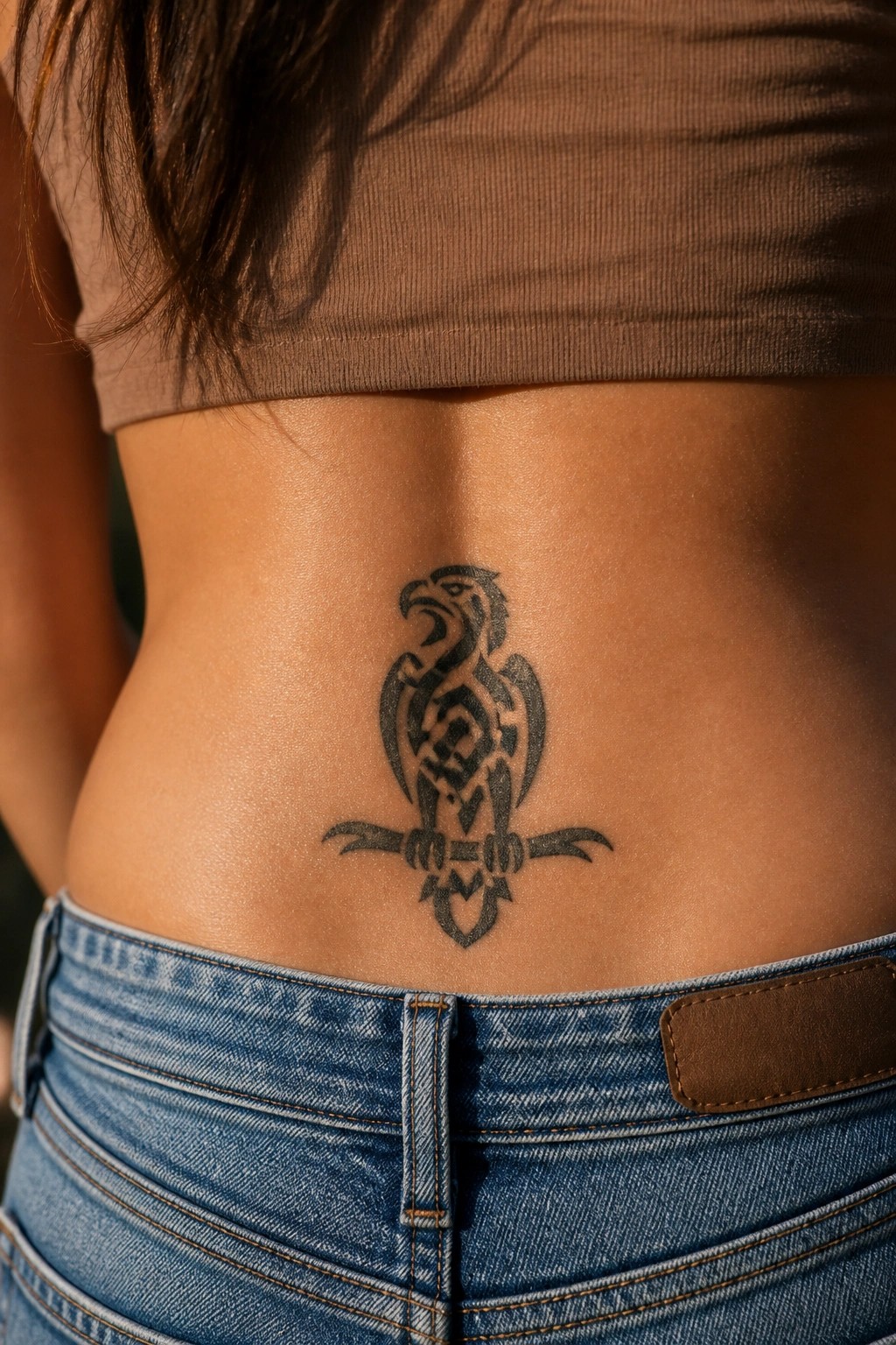 Brown crop top and blue jeans with tribal eagle tattoo on lower back