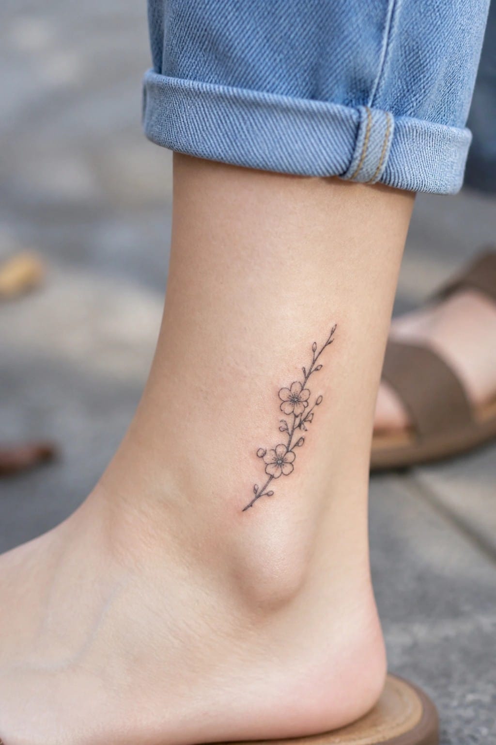 Delicate black floral branch tattoo on ankle with cuffed blue denim jeans