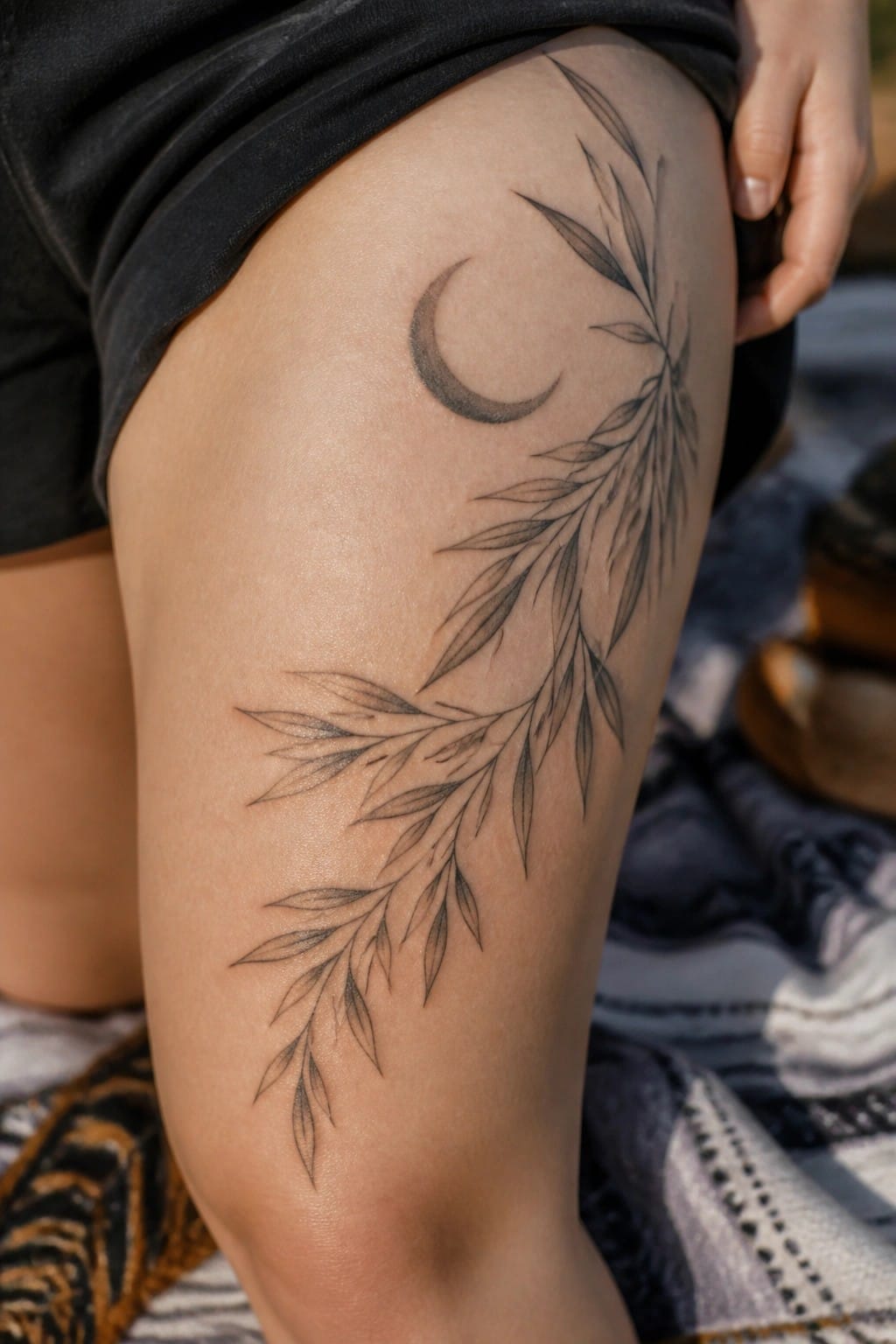 Crescent moon and leafy branch tattoo on thigh in black shorts on blanket.