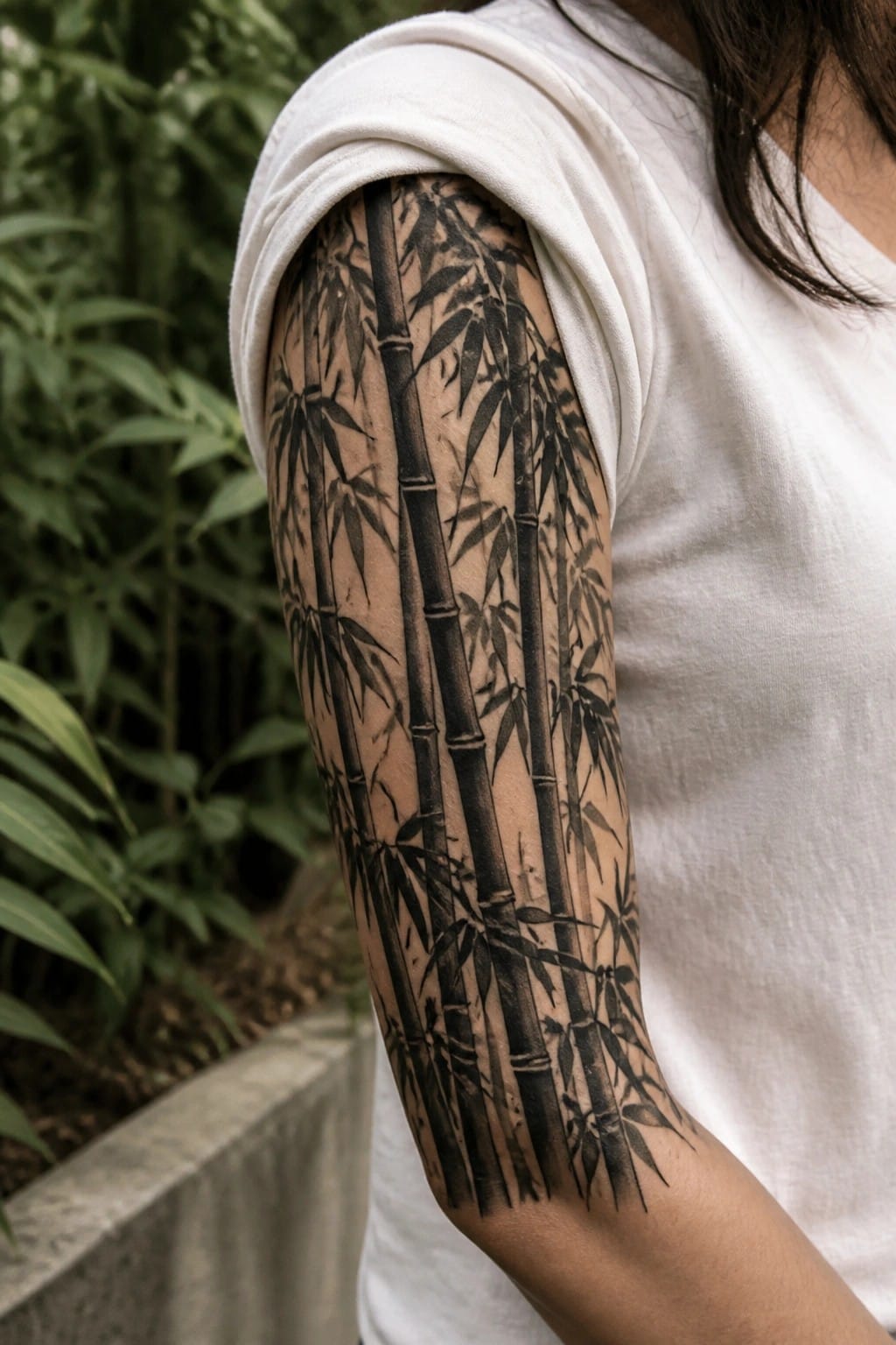 Black bamboo stalks tattoo covering arm beneath white t-shirt sleeve