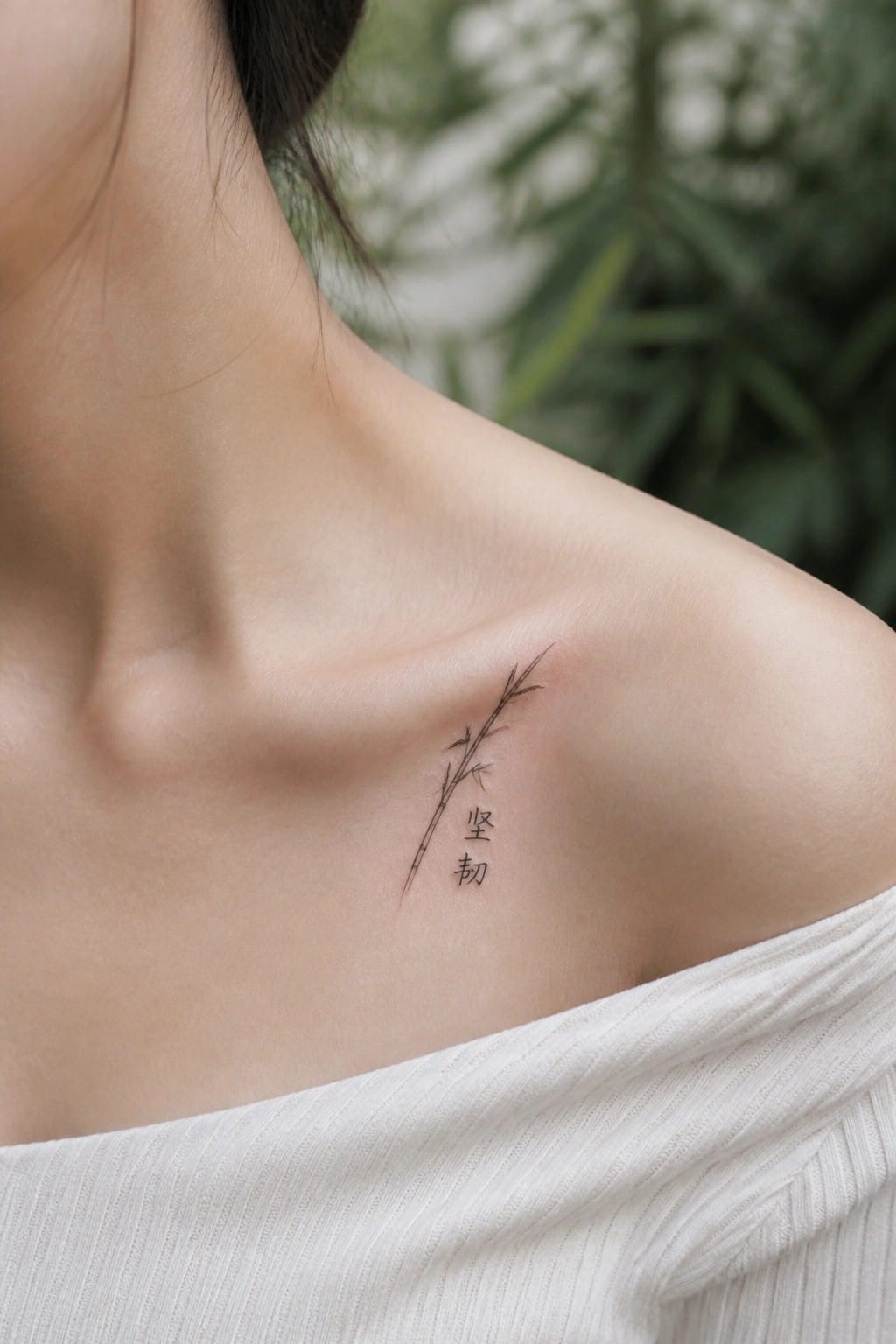 Close-up of bamboo tattoo with Chinese characters on bare shoulder in white top