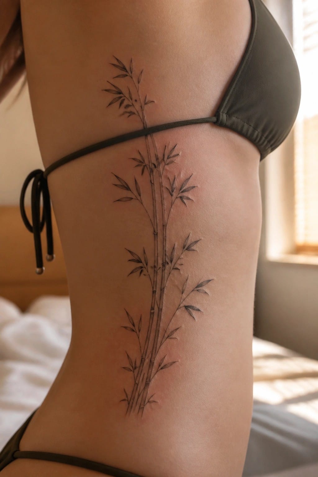 Fine line bamboo tattoo running vertically along a woman's side torso.