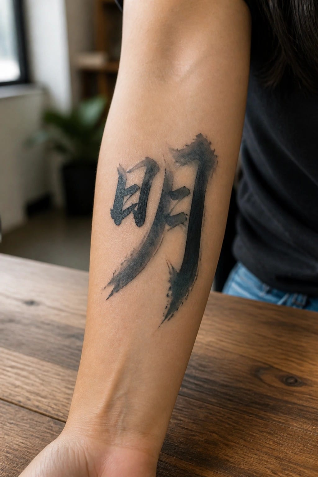 Black calligraphic Chinese tattoo on a person's forearm resting on a wooden table.