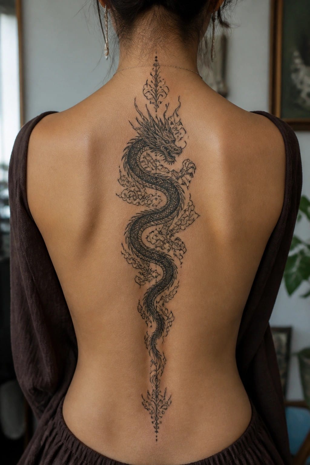 Woman's back with large black dragon tattoo from neck to lower spine, brown top draped.