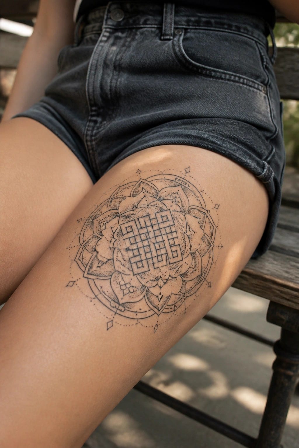 Black and grey fine line mandala tattoo on a woman's thigh featuring a central endless knot inside a lotus flower design.