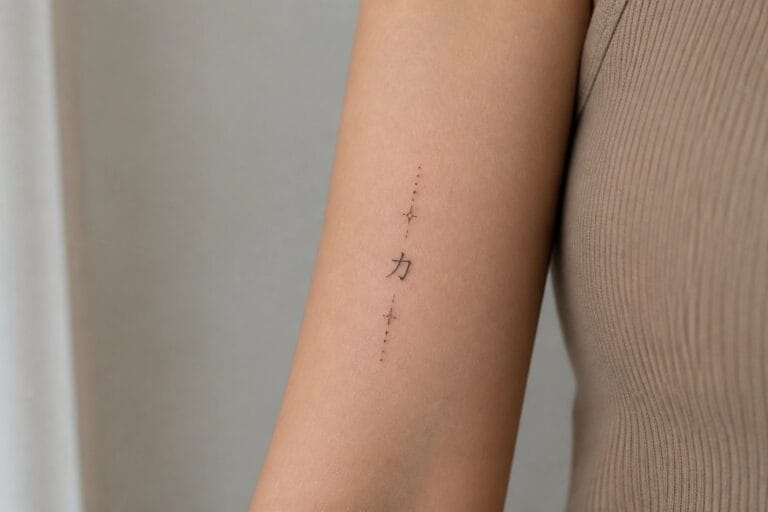 Minimalist black Chinese character for strength with dotted accents running vertically on the inner forearm.