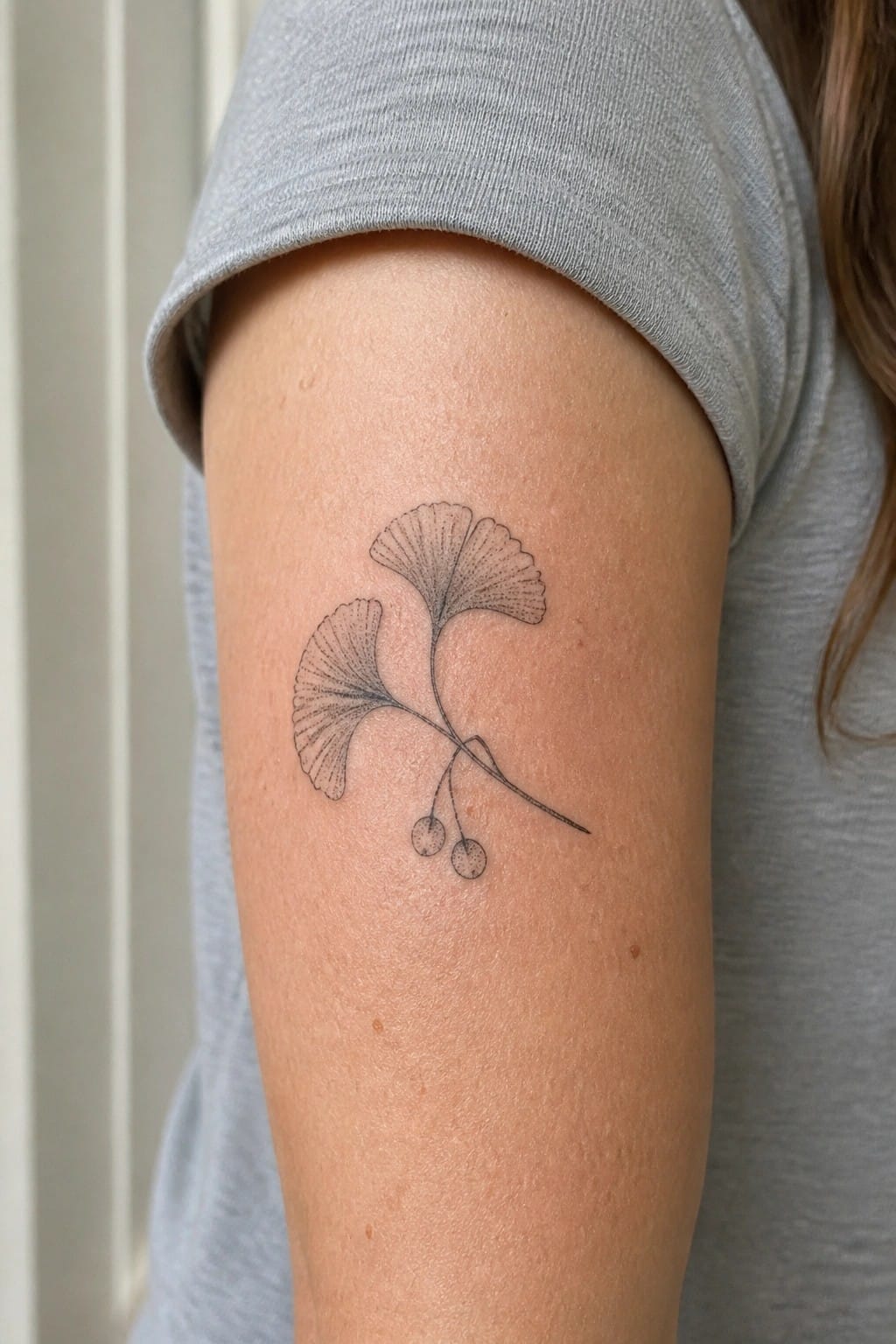Ginkgo leaf tattoo on upper arm beneath gray short-sleeve shirt