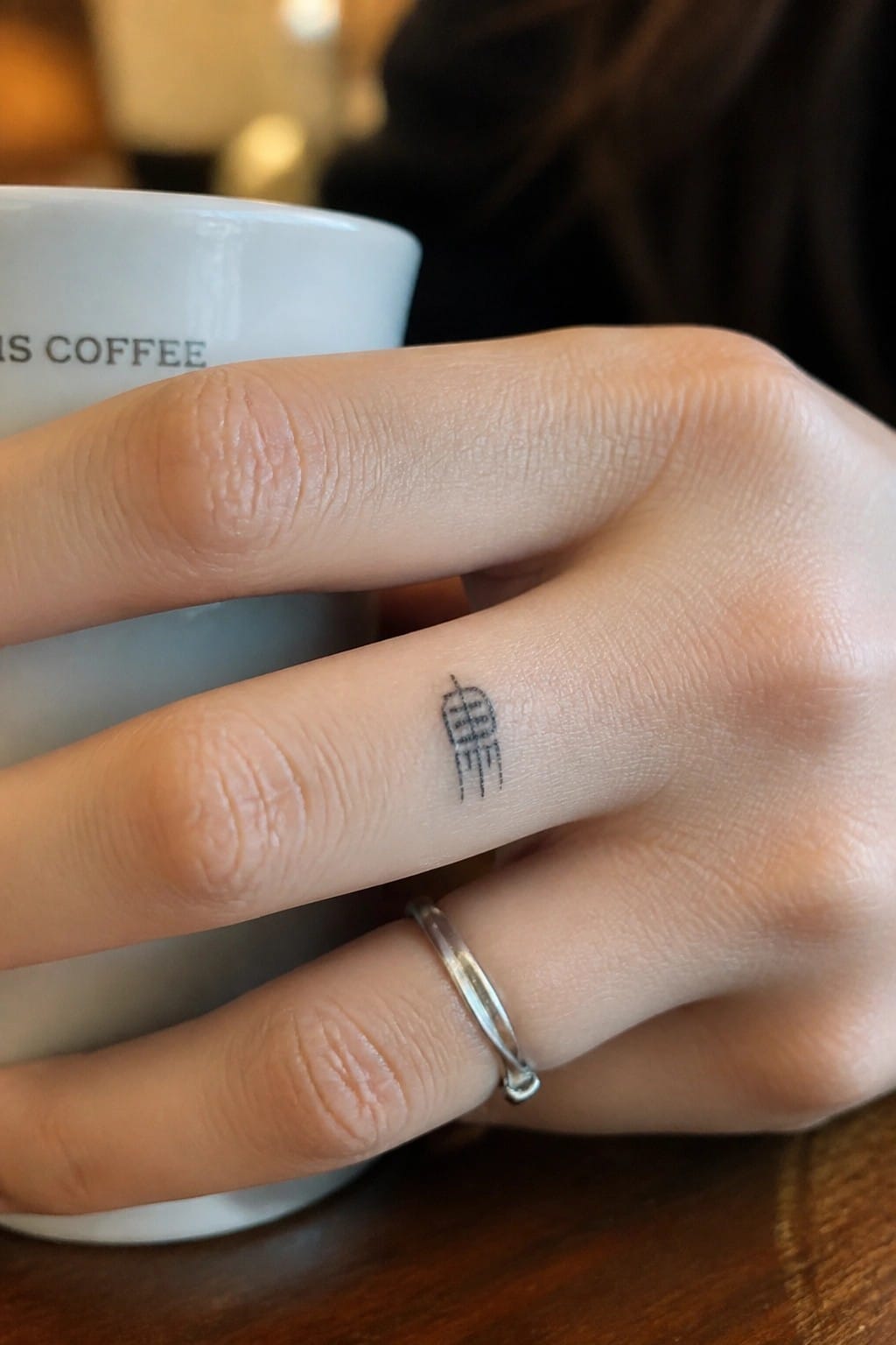 Hand with jellyfish tattoo and silver ring holding white coffee cup