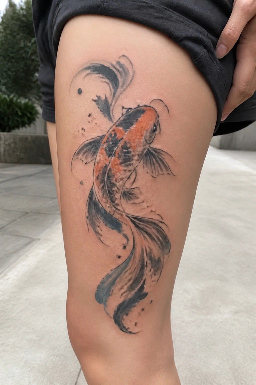 Orange and black koi fish tattoo on thigh in watercolor style