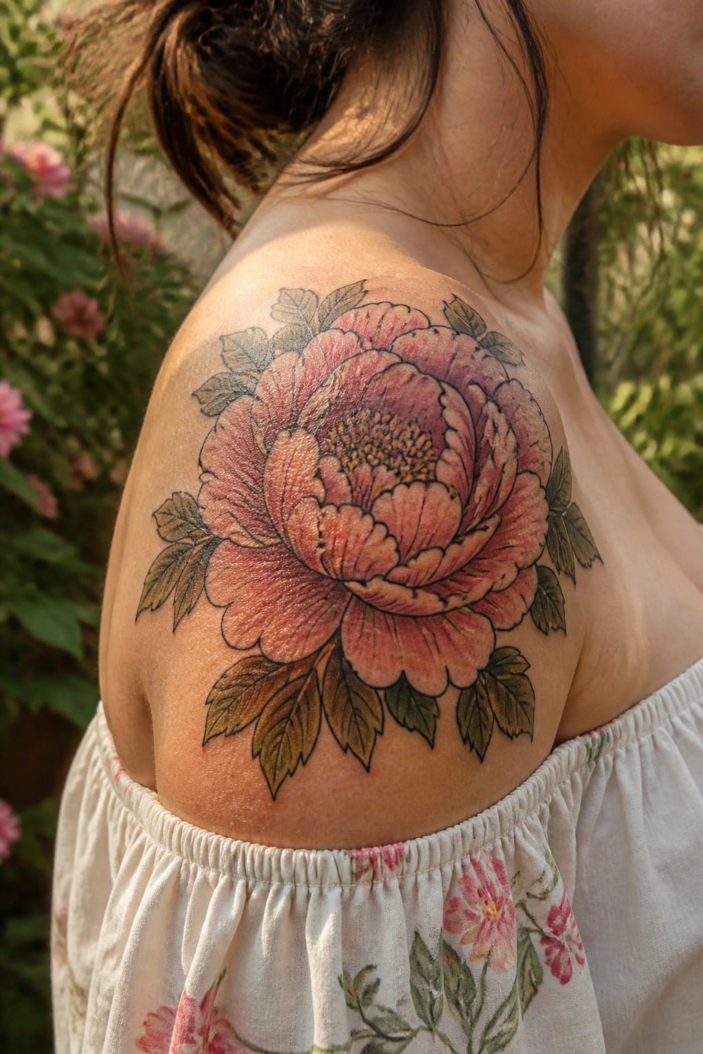 Large colorful peony tattoo with green leaves on a woman's shoulder
