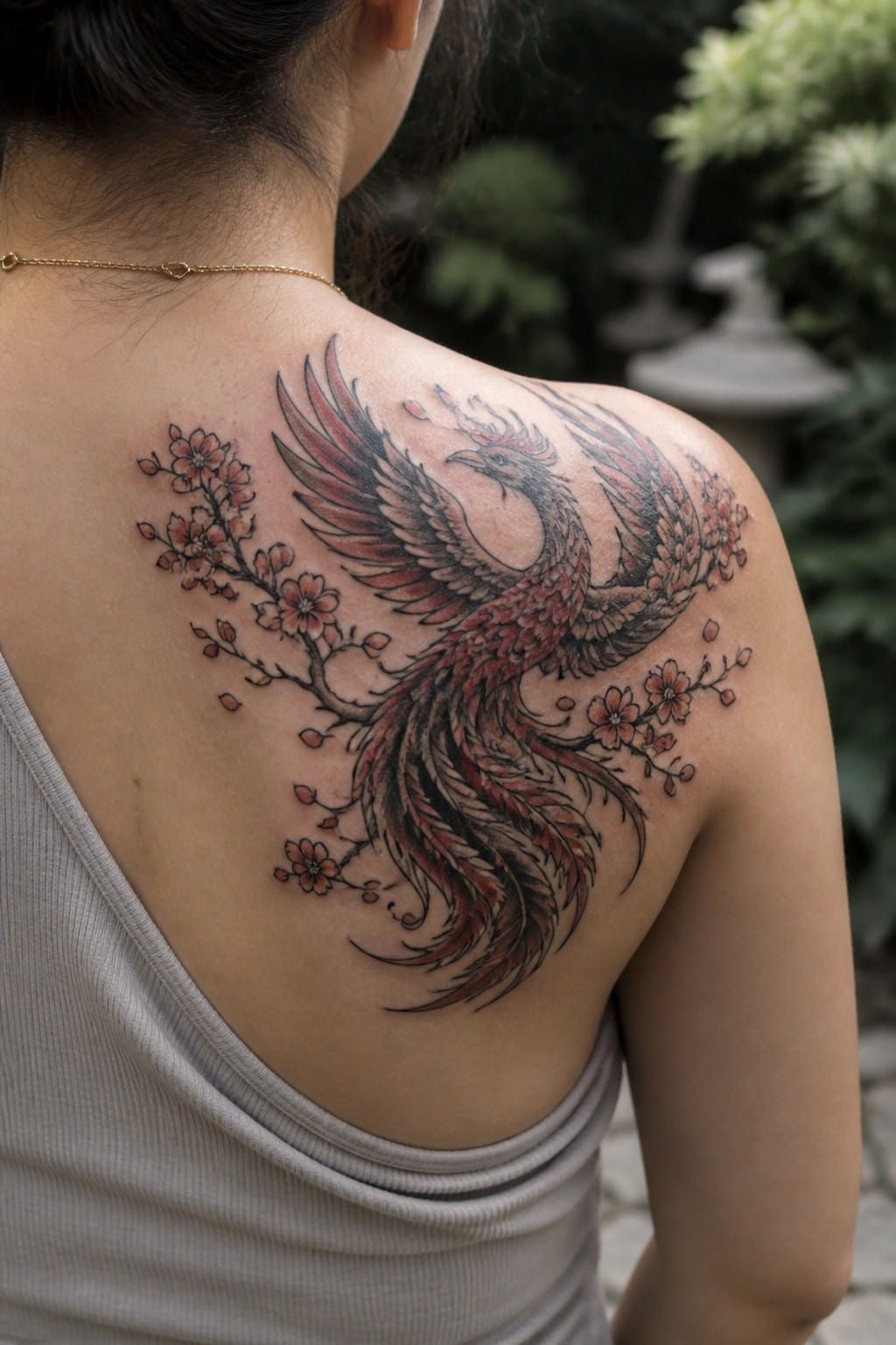 Red and black phoenix tattoo with cherry blossoms on woman's back over gray tank top