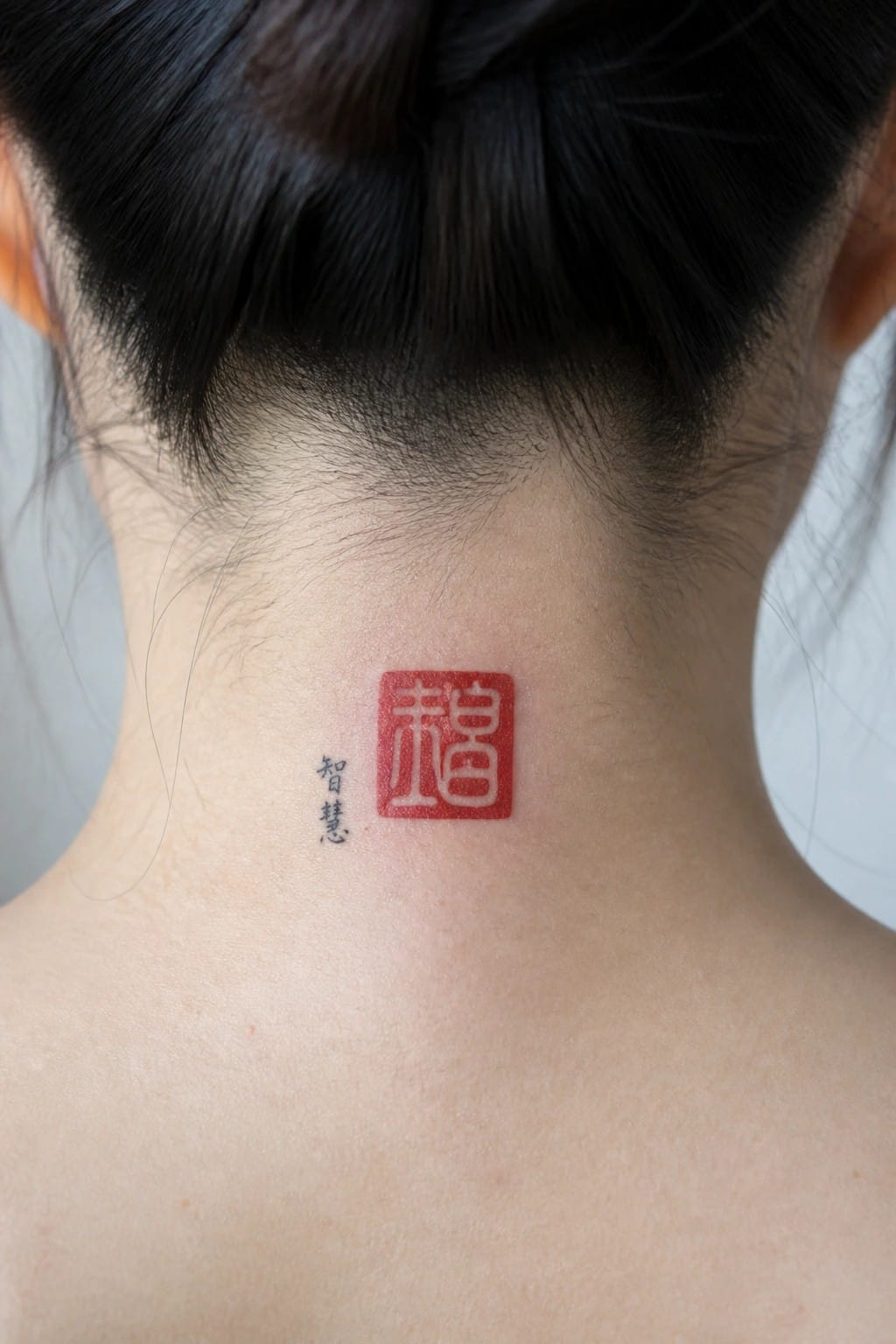 Neck with red square seal tattoo and vertical black Chinese characters 智慧
