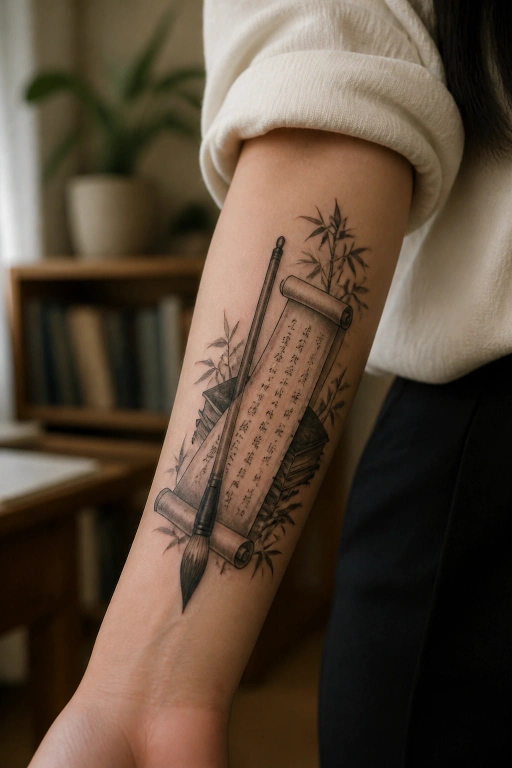 Forearm tattoo of scroll with Chinese text, paintbrush, bamboo, and books