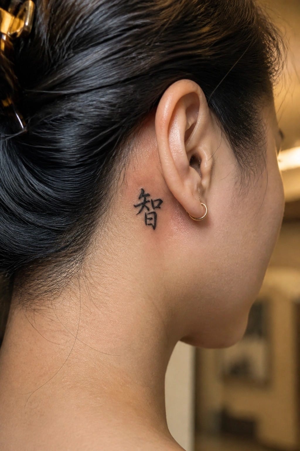 Small Chinese character tattoo placed behind a woman's ear